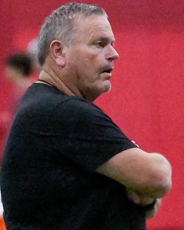 Razorbacks coach Sam Pittman at practice Monday morning at the indoor practice field